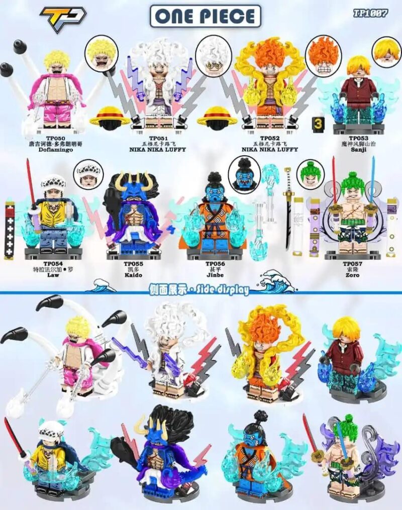 TP TP1007 Mô hình One Piece 8 nhân vật, Figure Luffy Nika, Zoro, Sanji, Kaido, Jinbe, Law, Doflamingo, đồ chơi lắp ghép cho bé 6 tuổi