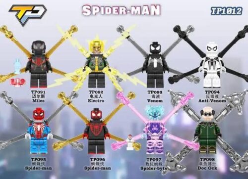 Bộ đồ chơi TP TP1012 Spider-Man Minifigures 8-in-1 gồm 8 nhân vật Spider-Man đa dạng, phù hợp cho bé trai và bé gái 6 tuổi, giá tốt, chất lượng cao, rèn luyện phối hợp tay mắt, trí tưởng tượng, sáng tạo ý tưởng, kể chuyện, kiên nhẫn, tập trung chi tiết.