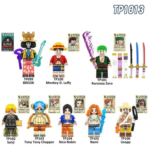 Bộ 8 nhân vật One Piece TP1013, bao gồm Monkey D. Luffy, Roronoa Zoro, Nami, Usopp, Sanji, Tony Tony Chopper, Nico Robin, Brook. Đồ chơi lắp ghép cho bé 6 tuổi.