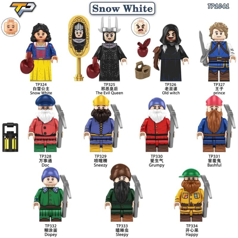 Bộ đồ chơi Snow White TP TP1041 gồm 11 nhân vật cổ tích, bao gồm Bạch Tuyết, Hoàng tử, Hoàng hậu Độc ác, Phù thủy già và 7 chú lùn. Phù hợp cho bé gái 6 tuổi, rèn luyện sự sáng tạo và phối hợp tay mắt.