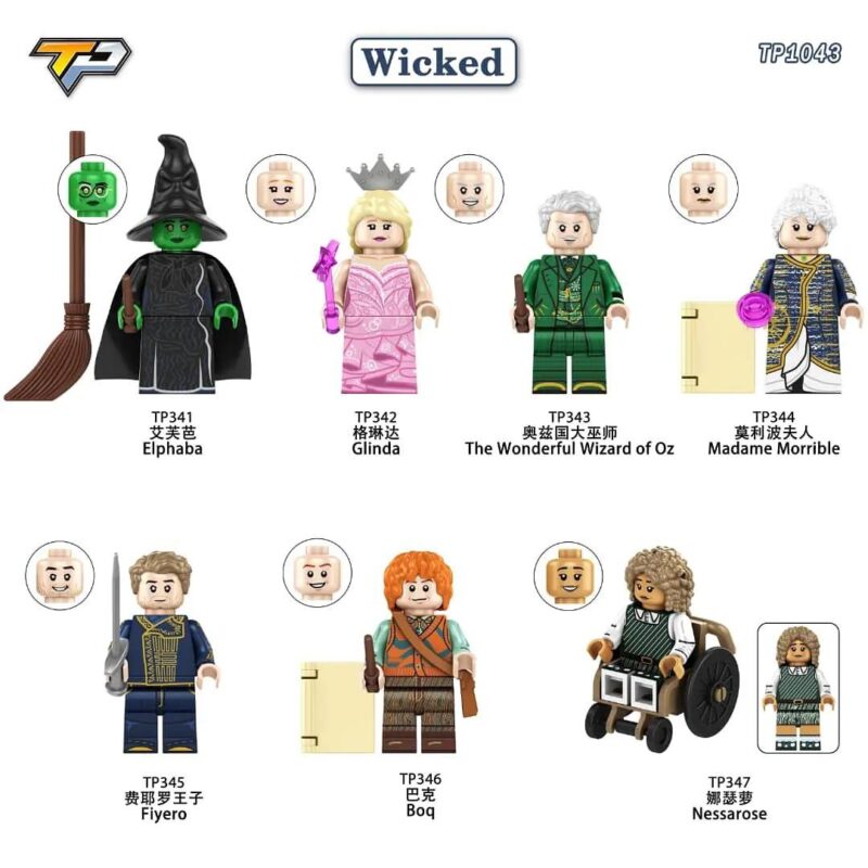 Bộ 7 nhân vật Phù Thủy Wicked TP343, bao gồm Elphaba, Glinda, The Wonderful Wizard of Oz, Madame Morrible, Fiyero, Boq, Nessarose. Phù hợp cho bé gái 6 tuổi. Đồ chơi nhân vật sáng tạo.