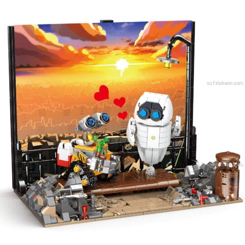 Bộ lắp ghép Robot Love Tuole L8003 cảnh hoàng hôn, mô hình Wall-E và EVE, có đèn LED, phù hợp cho bé 6 tuổi