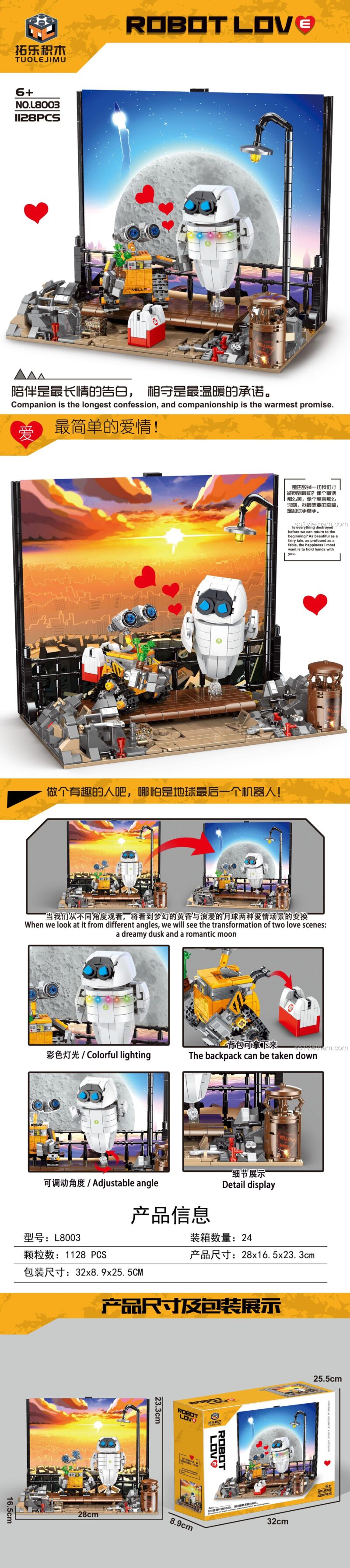 Thông tin sản phẩm bộ lắp ghép Robot Love Tuole L8003, mô hình Wall-E và EVE, có đèn LED, phù hợp cho bé 6 tuổi