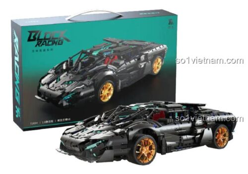 Hộp sản phẩm và mô hình xe Lamborghini V8 Concept màu đen tỉ lệ 1:8, bộ đồ chơi lắp ghép 3520 chi tiết, điều khiển từ xa, có đèn LED, phù hợp cho bé trai 8 tuổi