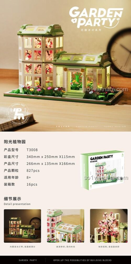 đồ chơi mô hình Khu Vườn Ánh Nắng Tuomu T3008, hiển thị kích thước sản phẩm và hộp, đồ chơi xếp hình cho bé gái 8 tuổi