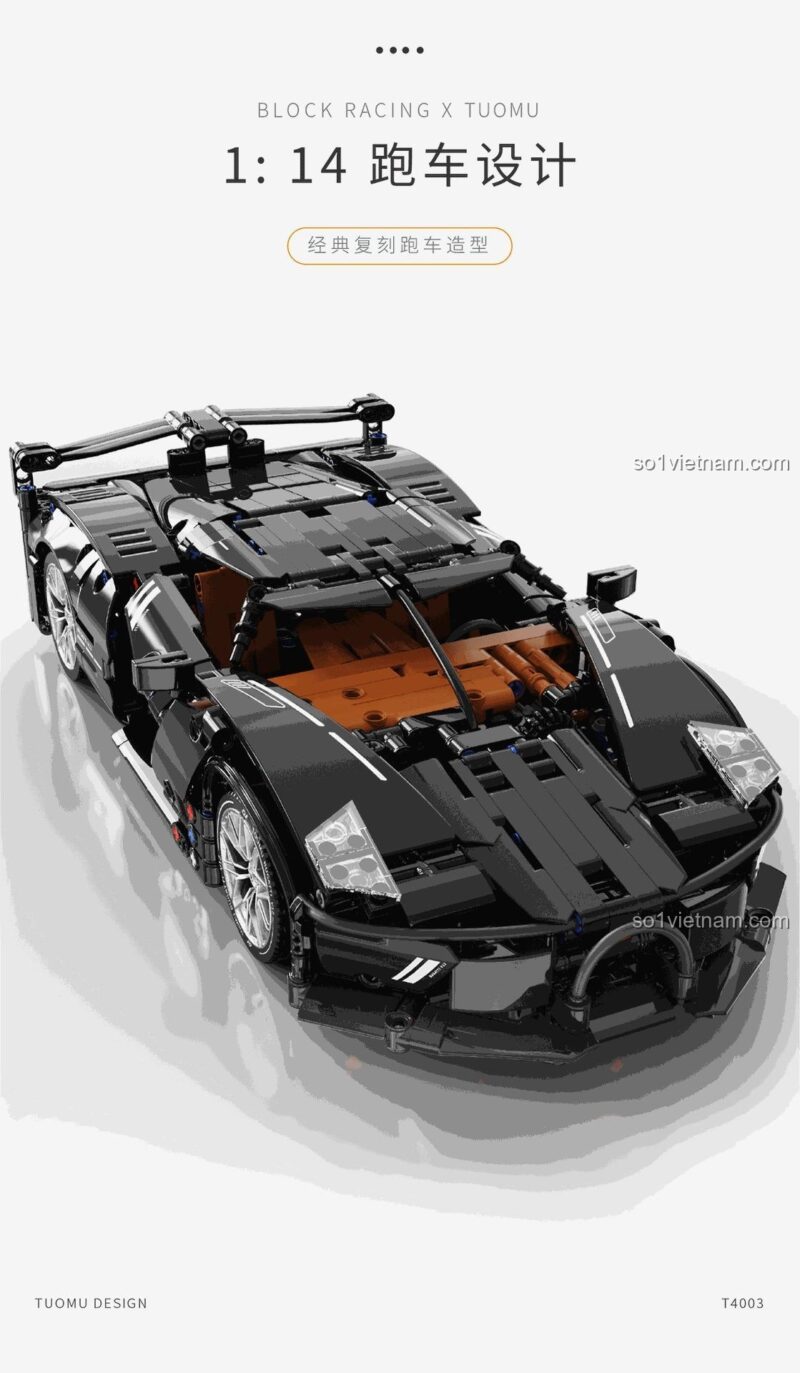 Bộ khối lắp ghép Siêu xe Bugatti Specter R3 Tuomu T4003, tái hiện thiết kế xe đua cổ điển tỉ lệ 1:14, phù hợp cho bé trai 8 tuổi.