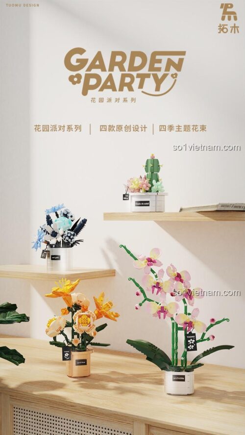 TUOMU T6004 Bộ lắp ghép Hoa lá TUOMU DESIGN, Mô hình cây cảnh trang trí nhà cửa, quà tặng ý nghĩa cho bé gái 6 tuổi, màu xanh lá, hồng, vàng, trắng, chất liệu nhựa ABS cao cấp, kiểu chi tiết Mini block