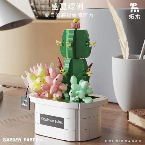 TUOMU T6004 Bộ đồ chơi Chậu cây mọng nước, Mô hình cây xương rồng trang trí bàn làm việc, quà tặng ý nghĩa cho bé gái 6 tuổi, màu xanh lá, hồng, vàng, trắng, chất liệu nhựa ABS cao cấp, kiểu chi tiết Mini block