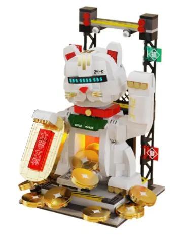 Bộ lắp ghép TUOMU T7001 Mèo Thần Tài Robot Chiêu Tài Hút Lộc, đồ chơi lắp ghép cho con trai 8 tuổi, giá tốt, với cánh tay vẫy tự động và tiền vàng may mắn.