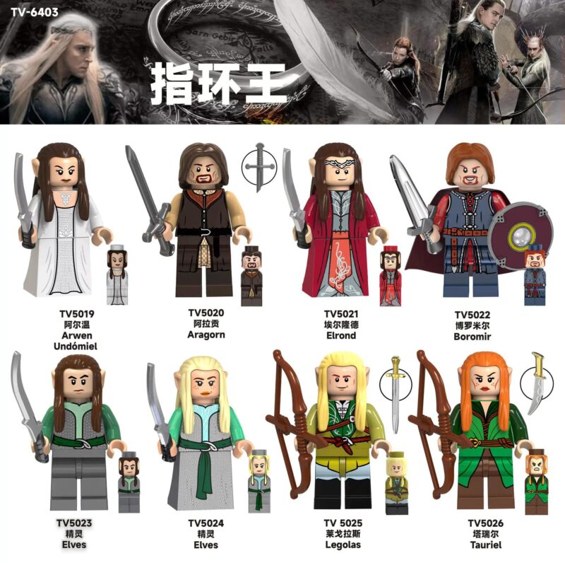 Bộ 8 nhân vật The Lord of the Rings TV6403, bao gồm Arwen, Aragorn, Elrond, Boromir, Legolas, Tauriel, minifigure The Lord of the Rings, đồ chơi lắp ráp cho bé trai 6 tuổi