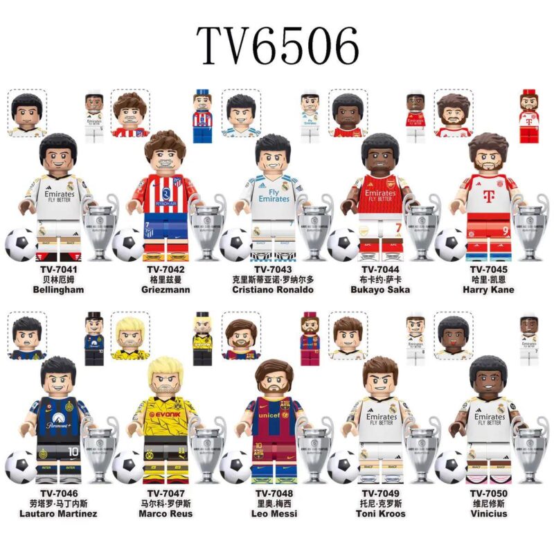 Bộ đồ chơi Minifigure Cầu Thủ Bóng Đá TV TV6506 chất lượng cao, giá tốt cho bé trai 6 tuổi, tái hiện 10 cầu thủ ngôi sao huyền thoại với chi tiết sắc nét.