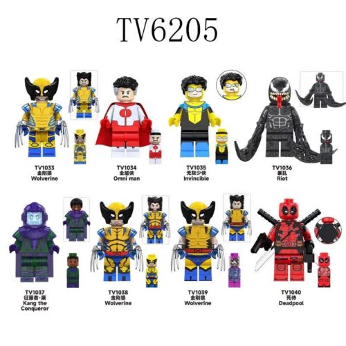 Bộ 8 Minifigure Siêu Anh Hùng Marvel TV TV1034, bao gồm Wolverine, Omni-man, Invincible, Riot, Kang the Conqueror, Deadpool, đồ chơi lắp ghép cho bé trai 6 tuổi, giá tốt