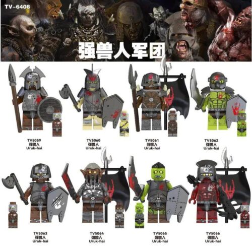 Bộ đồ chơi TV TV5061 Quân đoàn Uruk-hai, bao gồm 8 nhân vật Uruk-hai với vũ khí và khiên, lấy cảm hứng từ Chúa tể những chiếc nhẫn, phù hợp cho bé trai 14 tuổi
