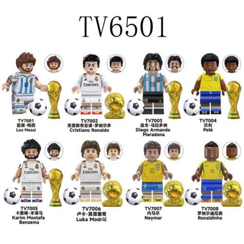 TV TV6501 8 Siêu Sao Bóng Đá minifigure cầu thủ bóng đá, Leo Messi, Cristiano Ronaldo, Diego Maradona, Pelé, Karim Mostafa Benzema, Luka Modrić, Neymar, Ronaldinho, bộ đồ chơi, đồ chơi xếp hình, đồ chơi giáo dục cho bé trai 6 tuổi