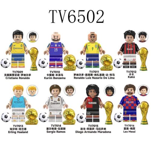Bộ 8 mô hình cầu thủ bóng đá TV6502, bao gồm Cristiano Ronaldo, Karim Benzema, Ronaldo, Kaká, Erling Haaland, Sergio Ramos, Maradona, Leo Messi, đồ chơi lắp ghép cho bé trai 6 tuổi