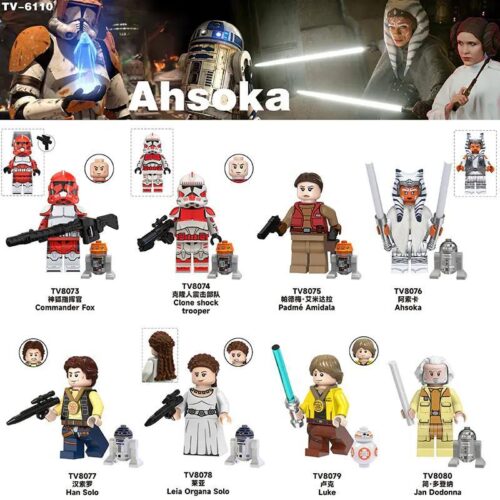 Bộ 8 nhân vật Star Wars Ahsoka TV8073, bao gồm Commander Fox, Clone shock trooper, Padmé Amidala, Ahsoka, Han Solo, Leia Organa Solo, Luke, Jan Dodonna. Đồ chơi mô hình cho bé 6 tuổi.