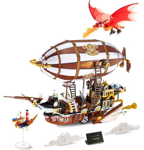 Bộ lắp ghép Khinh khí cầu Unbranded 92201 Mô hình steampunk với rồng tấn công, có đèn LED và pháo, 1283 chi tiết, phù hợp cho bé 10 tuổi