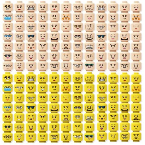 Toàn cảnh bộ sưu tập đầu minifigure Unbranded JT007A với 56 biểu cảm màu vàng và 56 biểu cảm màu da người, một phụ kiện đồ chơi giá rẻ cho bé trai 6 tuổi.