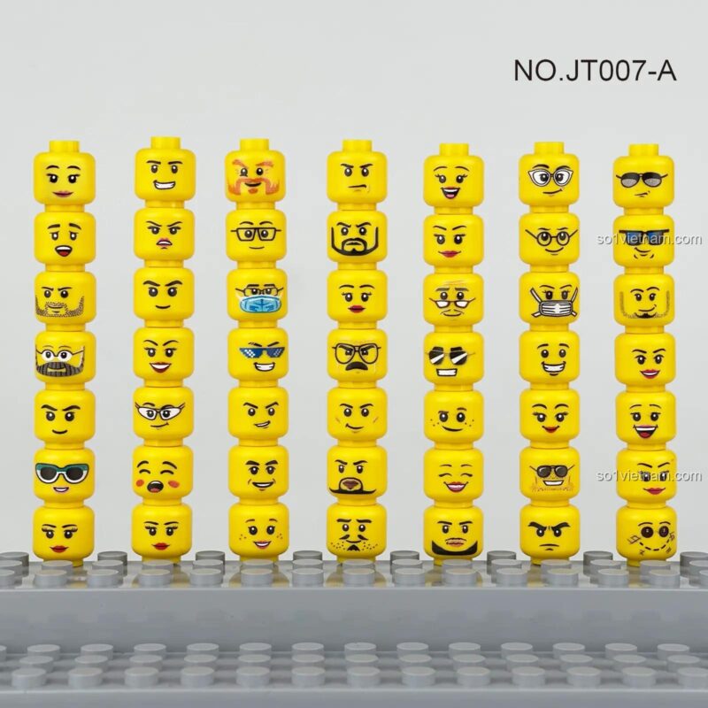 Các đầu minifigure từ bộ sưu tập đầu minifigure Unbranded JT007A được xếp thành hàng, thể hiện sự đa dạng về biểu cảm.