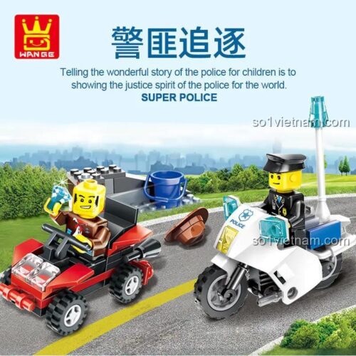 Mô hình xe cảnh sát và xe tội phạm trong bộ lắp ghép WANGE 26015 Cảnh sát truy đuổi, 88 mảnh, đồ chơi giáo dục cho bé trai 6 tuổi