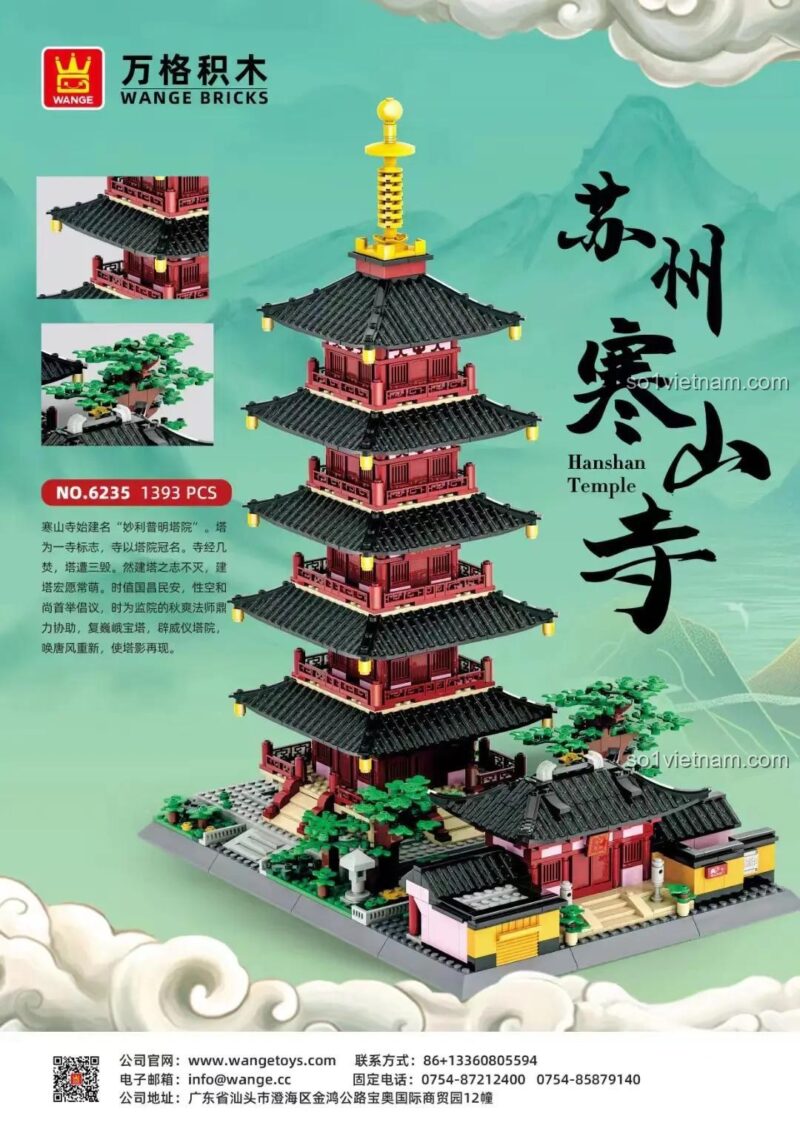 Chi tiết hộp đồ chơi mô hình Chùa Hàn Sơn Wange 6235, 1393 mảnh ghép, phát triển tư duy cho bé 6 tuổi