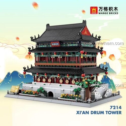 Hộp sản phẩm bộ lắp ghép Lầu Trống Tây An WANGE 7214, mô hình kiến trúc cổ đại, 1872 mảnh ghép, đồ chơi giáo dục cho bé 6 tuổi, giá tốt