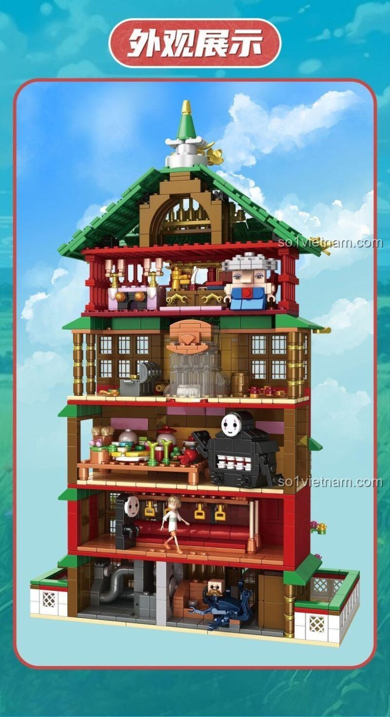 Mô hình Vùng Đất Linh Hồn We Game Coming trưng bày ngoại quan, thể hiện kiến trúc Ghibli độc đáo và chi tiết.