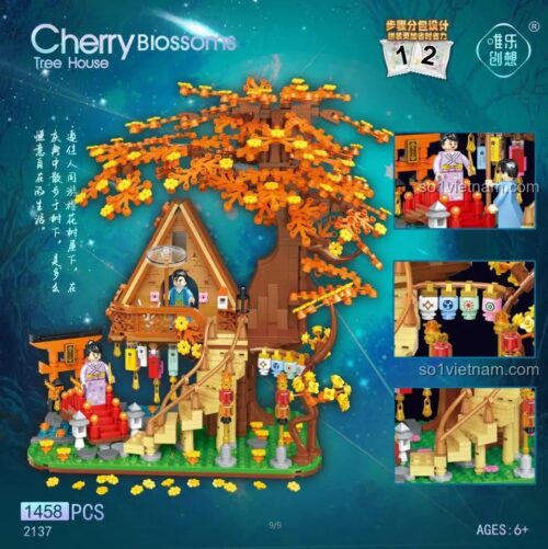 Mô hình Nhà Cây Hoa Anh Đào Weile 2137 phiên bản mùa thu lá vàng, một trong hai kiểu lắp của bộ xếp hình 2137.