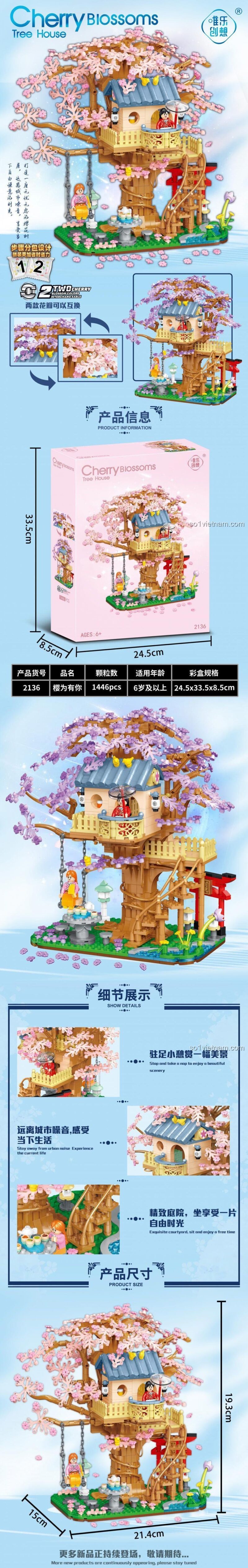 Chi tiết và kích thước của bộ xếp hình 2136 Nhà Cây Hoa Anh Đào, phù hợp cho con gái.