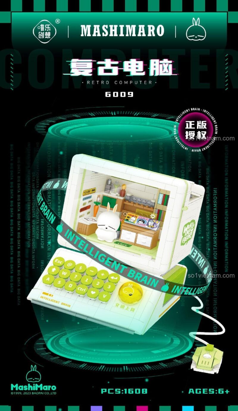 Bộ đồ chơi Wele Creative 6009 Máy tính cổ điển Mashimaro, mô hình máy tính retro có bản quyền Mashimaro, cho bé trai bé gái 6 tuổi, giá hời