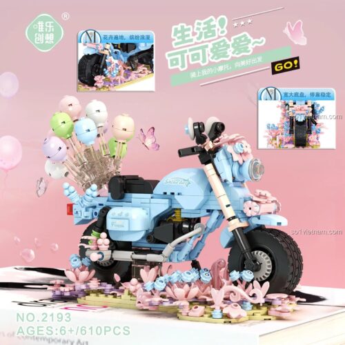 Mô hình xe máy mini màu xanh dương trang trí hoa hồng và bóng bay, 610 mảnh, 唯乐创想 2193, đồ chơi lắp ráp cho bé gái 6 tuổi