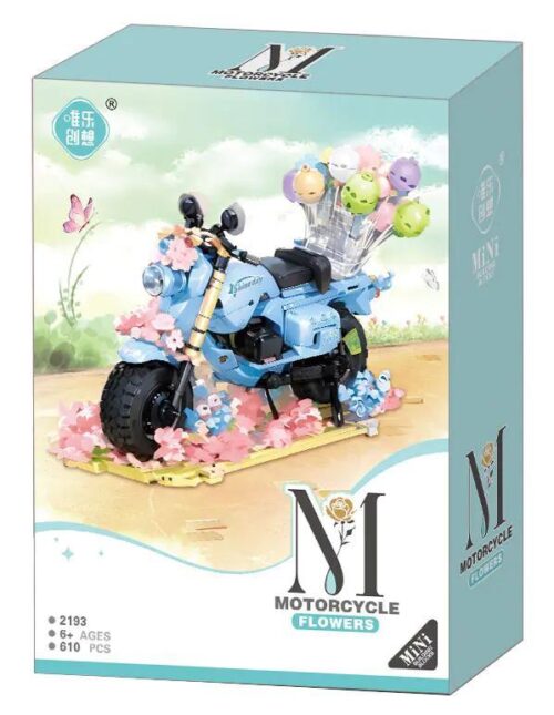 Xe máy mini màu xanh dương trang trí hoa hồng và bóng bay, bộ lắp ghép 610 mảnh, 唯乐创想 2193, đồ chơi lắp ghép cho bé gái 6 tuổi