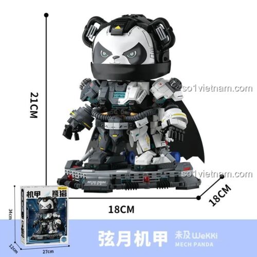 Kích thước chi tiết của đồ chơi mô hình Robot Gấu Trúc Wekki 506507 và hộp sản phẩm, cao 21cm.