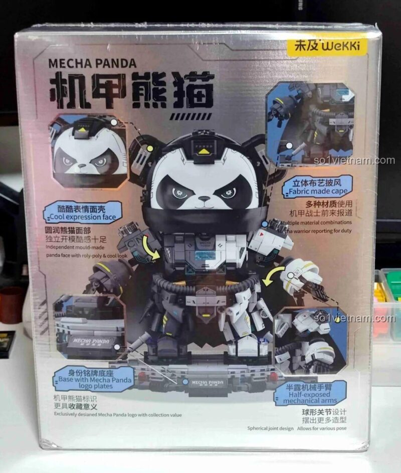 Chi tiết mặt sau hộp Wekki 506507 Gấu Trúc Mecha với áo choàng vải và khớp cầu linh hoạt.