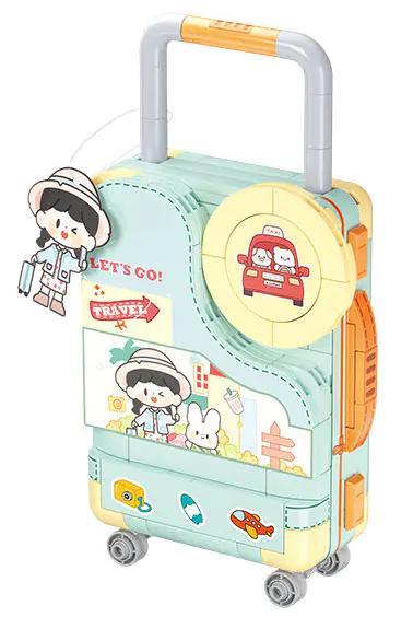 Bộ lắp ghép vali du lịch A Zhuo 未及Wekki 516506, mô hình vali màu xanh mint có tay kéo, bánh xe, kèm sticker trang trí, phù hợp cho bé gái 8 tuổi