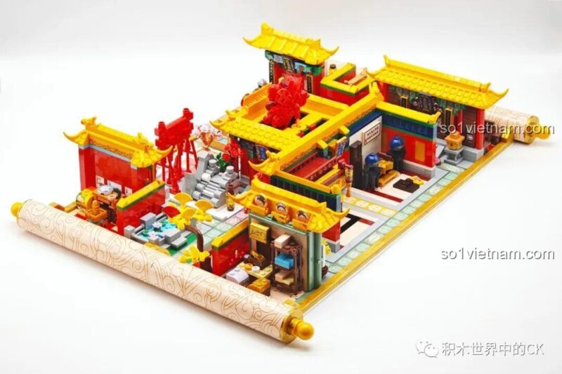 Mô hình cung điện của Đồ chơi mô hình Chân Hoàn Truyện Wekki 518001 với cuộn giấy cổ, tạo cảm giác như một bức tranh lịch sử.