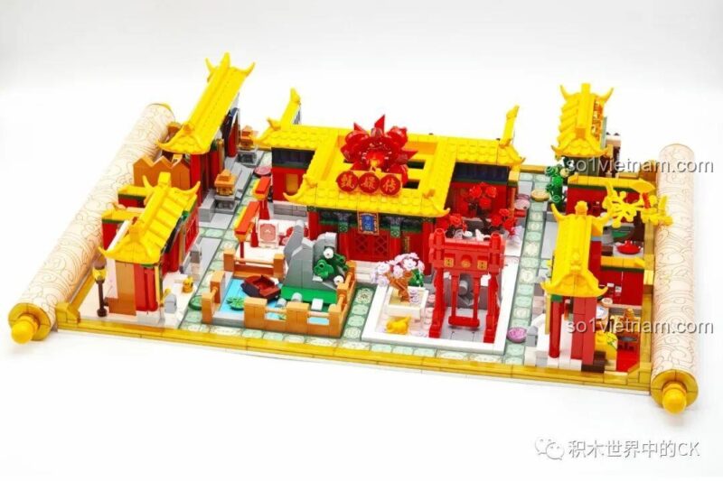 Khu vực tiếp khách với minifigure nương nương trong Mô hình Cung điện Hậu Cung Wekki 518001, mô tả cảnh sinh hoạt.