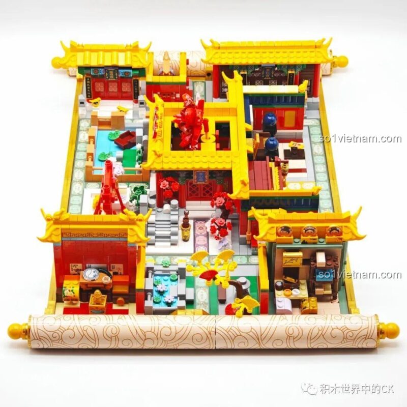 Mô hình cung điện của Board game 518 001 Wekki, nhìn từ góc chéo, với các mái ngói cong vút đặc trưng.