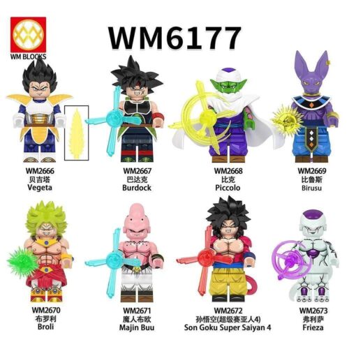 Bộ 8 minifigure Dragon Ball Z WM Blocks WM6177, bao gồm Vegeta, Burdock, Piccolo, Birusu, Broly, Majin Buu, Son Goku Super Saiyan 4, Frieza. Đồ chơi lắp ghép cho bé trai 6 tuổi.