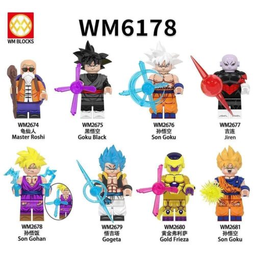 Bộ 8 minifigure Dragon Ball từ WM Blocks, bao gồm Goku, Vegeta, Frieza, Gohan, Master Roshi, Jiren, Goku Black, Gogeta. Đồ chơi lắp ghép cho bé 6 tuổi.