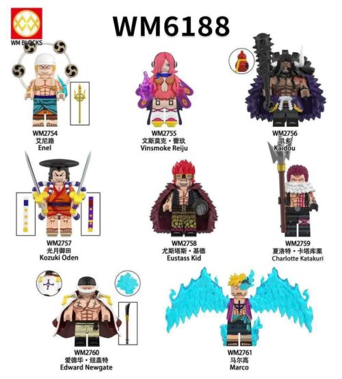 Bộ đồ chơi Minifigure One Piece WM Blocks WM6188 giá rẻ, chất lượng cao cho bé trai 6 tuổi, tái hiện các nhân vật huyền thoại.