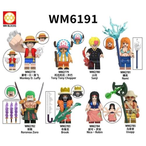 Bộ 8 Minifigure One Piece WM Blocks, bao gồm Luffy, Tony Tony Chopper, Sanji, Nami, Roronoa Zoro, Brook, Nico Robin, Usopp. Đồ chơi mô hình nhân vật One Piece cho bé trai và bé gái 6 tuổi. Giá tốt, chất lượng cao.