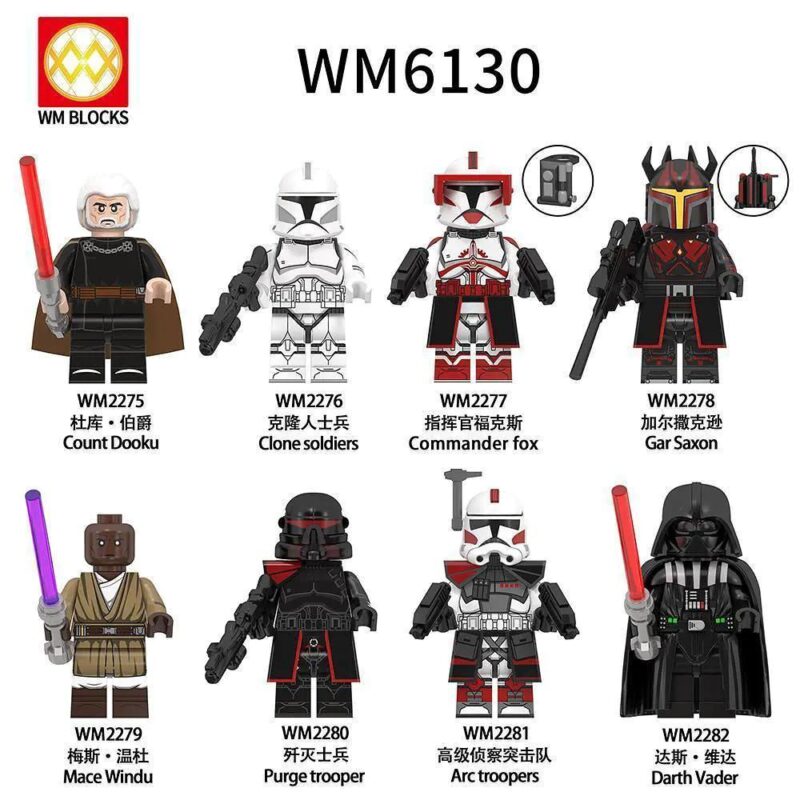 Bộ 8 Minifigures Star Wars WM6130 bao gồm Count Dooku, Clone soldiers, Commander fox, Gar Saxon, Mace Windu, Purge trooper, Arc troopers, Darth Vader. Nhân vật Star Wars, Minifigures Star Wars, đồ chơi giáo dục cho bé trai 6 tuổi, giá tốt.