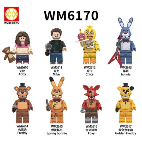 Bộ 8 Minifigure Five Nights at Freddy's WM6170, bao gồm Abby, Mike, Chica, Bonnie, Freddy, Spring Bonnie, Foxy, Golden Freddy. Đồ chơi lắp ghép tương thích LEGO® cho bé 6 tuổi. Giá tốt, chất lượng cao.