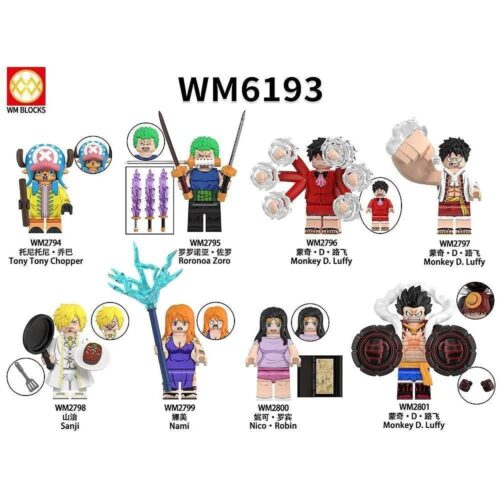 Bộ minifigure One Piece 8 nhân vật WM6193, bao gồm Monkey D. Luffy, Roronoa Zoro, Nami, Nico Robin, Tony Tony Chopper, Sanji. Đồ chơi lắp ghép cho bé trai 6 tuổi, quà tặng sinh nhật ý nghĩa.