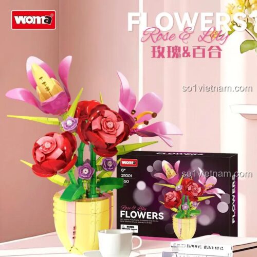 Hình ảnh đồ chơi mô hình WOMA 21001 Chậu Hoa Ly và Hoa Hồng, một quà tặng sáng tạo và đầy màu sắc cho con gái.