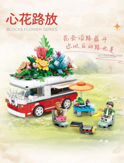 Đồ chơi mô hình Xe Buýt Hoa Du Lịch WOMA C0286 với 2 minifigures, bộ xếp hình xe buýt cắm trại hoa cho bé trai bé gái 6 tuổi