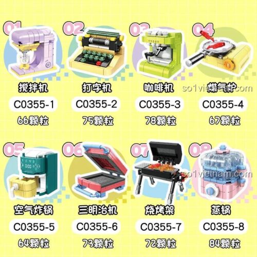 Đồ chơi mô hình WOMA C0355, chi tiết 8 mô hình dụng cụ nấu ăn mini với số chi tiết từng món, cho bé gái 6 tuổi, chất lượng cao.