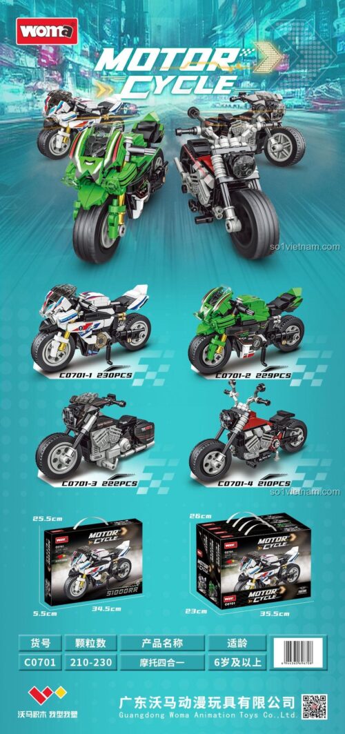 Các mẫu xe máy lắp ráp từ bộ WOMA C0701, bao gồm 4 mẫu khác nhau, đồ chơi mô hình cho bé trai 6 tuổi