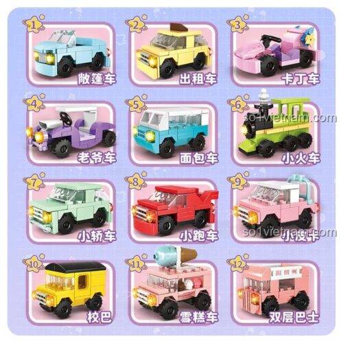 Các mẫu xe trong bộ đồ chơi xếp hình Xe Hơi Macaron Dễ Thương Woma C1021.